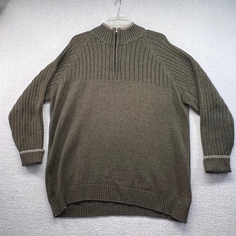 Columbia Men's XL 1/4 Zip Sweater Olive Green‎ Ribbed Knit Mock Neck 100% Cotton